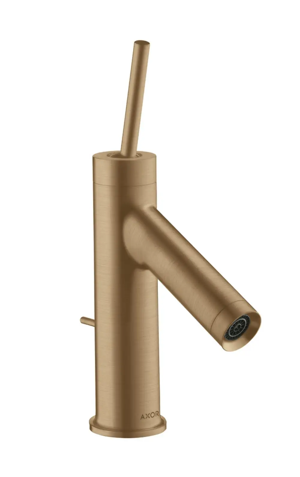 Einölbarmischer von AXOR in Brushed Bronze mit seitlichem Hebel. Der Wasserfluss erfolgt durch einen horizontalen Auslauf. Zugstangen-Ablaufgarnitur nicht sichtbar.